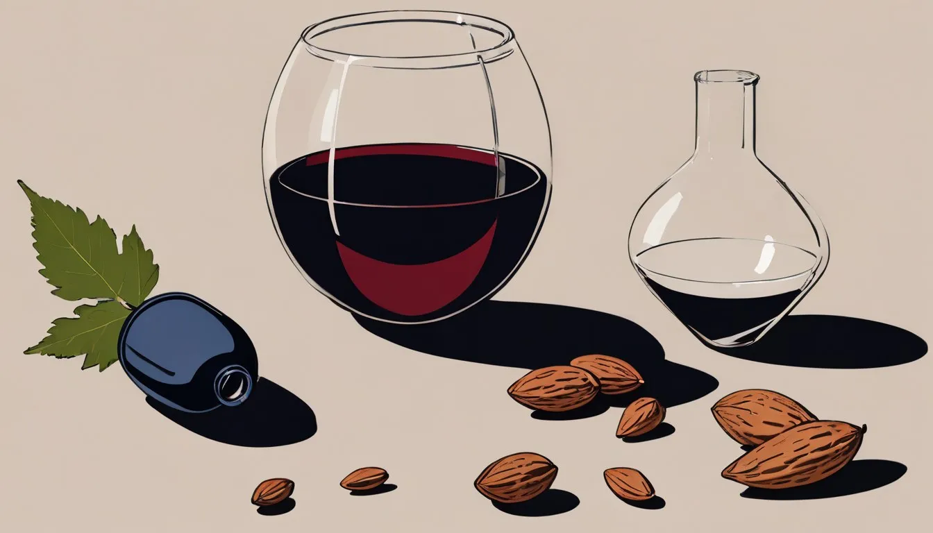 A wine glass, a medication capsule, and a small pile of almonds and greens grouped together, symbolizing varied causes of