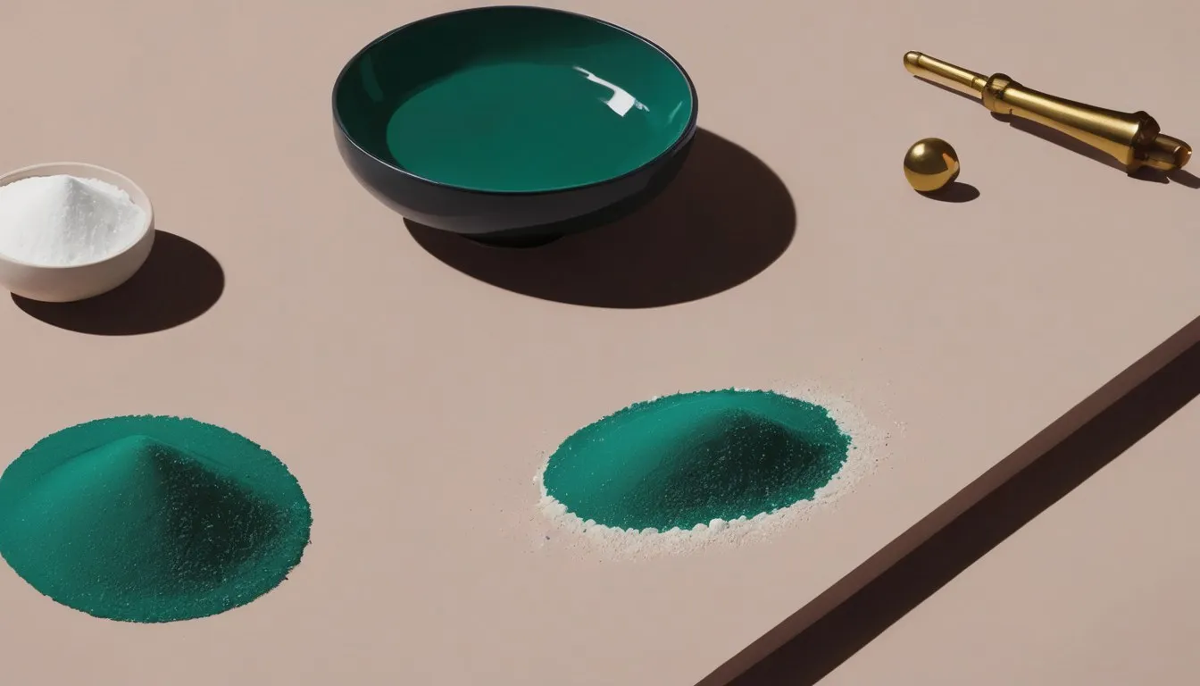 A tablet, gummy, and open capsule of magnesium spilling powder beside a glass of water on an empty table.